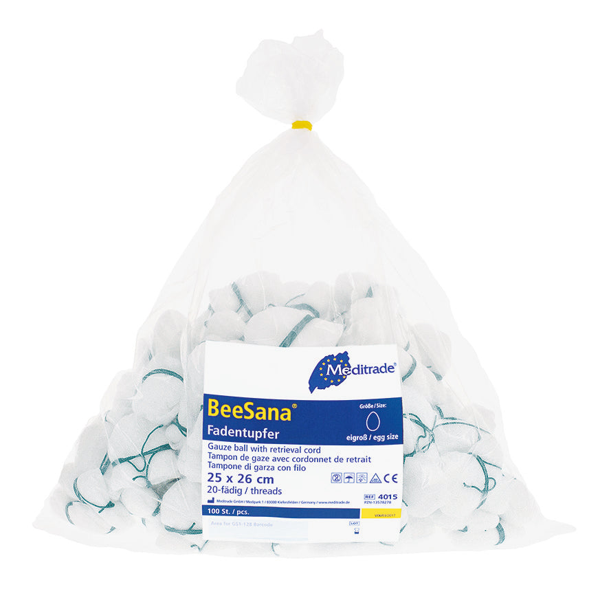 BeeSana® Fadentupfer unsteril mit RöKo, 25 x 26 cm, eigroß, grüner Faden | Packung (1 Stück)