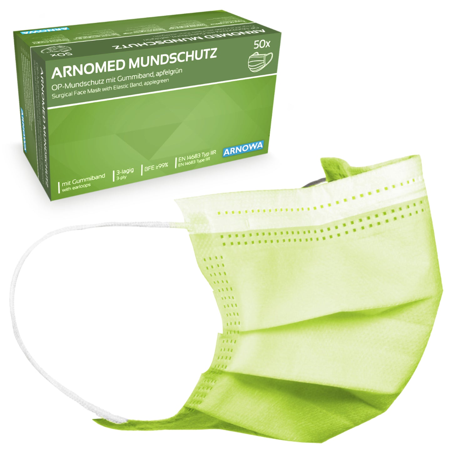 Ein grüner ARNOMED MUNDSCHUTZ TYP IIR OP-Mundschutz mit Gummibändern von ARNOWA GmbH liegt vor einer grünen und weißen Box mit dem Hinweis auf 50 Stück pro Packung.
