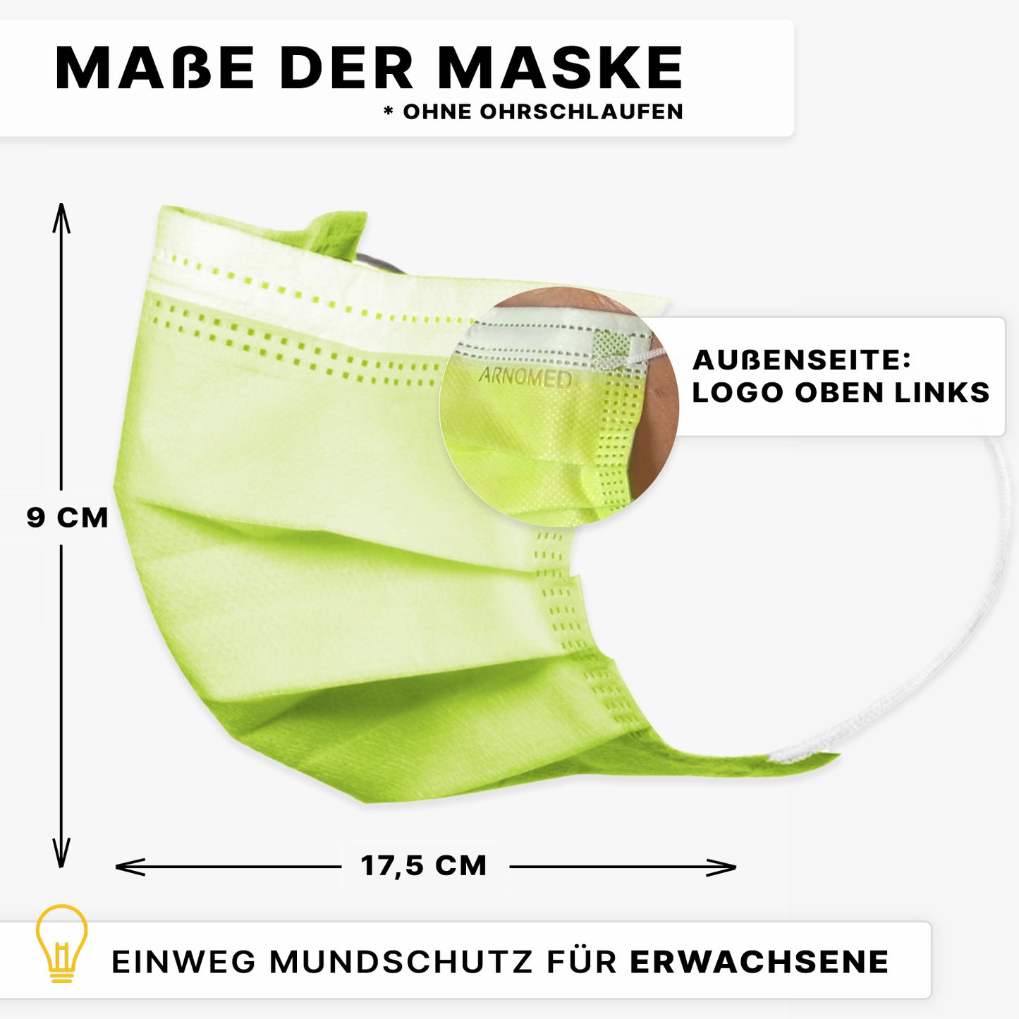 Ein ARNOMED MUNDSCHUTZ TYP IIR OP-Mundschutz mit Gummibändern von ARNOWA GmbH in Grün (17,5 x 9 cm) wird gezeigt. Oben links befindet sich ein Logo. Der deutsche Text beschreibt die Eigenschaften dieses medizinischen Maskentyps.