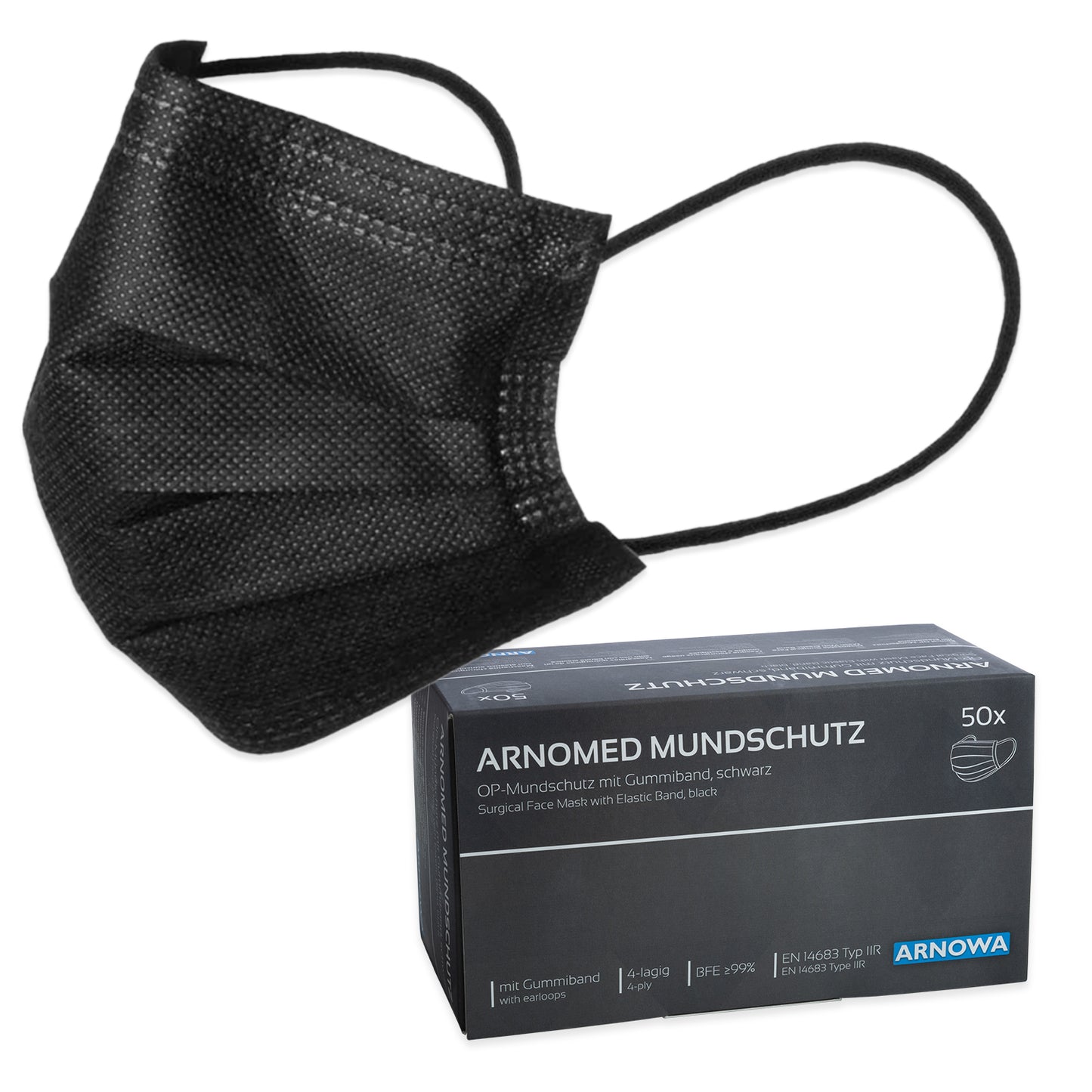 Ein schwarzer ARNOMED MUNDSCHUTZ TYP IIR OP-Mundschutz mit Gummibändern der ARNOWA GmbH steht über einer Schachtel mit 50 chirurgischen Masken, die blaue und weiße Akzente auf schwarzem Hintergrund aufweisen.