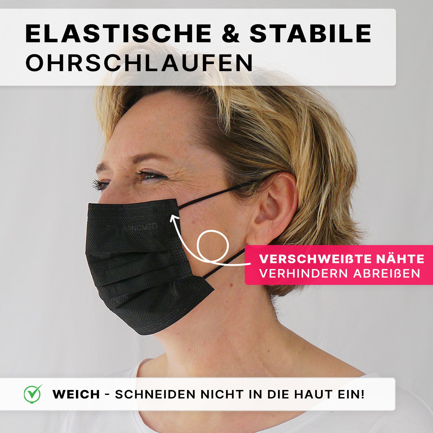 Eine Frau trägt den ARNOMED MUNDSCHUTZ TYP IIR OP-Mundschutz mit Gummibändern Typ IIR der ARNOWA GmbH. Stabile Schweißnähte, ein weiches, hautfreundliches Material und eine sichere, elastische Passform sorgen für täglichen Komfort.