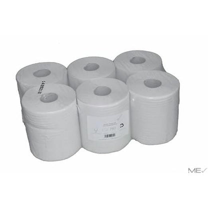Sechs Handtuchrollen Midi, 2-lagig, weiß (je 20 cm x 140 m) von Abena Re-Seller GmbH sind in klarem Kunststoff mit einem weißen Etikett verpackt. Die Verpackung enthält 6 Rollen und erscheint vor einem schlichten weißen Hintergrund.