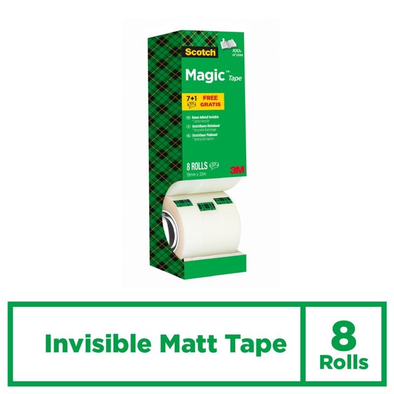 Abgebildet ist eine grüne Schachtel Scotch® Magic™ Unsichtbares Klebeband, Vorteilspack 8 Rollen (19 mm x 33 m) der 3M Deutschland GmbH mit einem karierten Design, dem Text "Invisible Matt Tape" und dem 3M-Logo unten rechts.