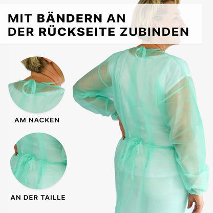A person wears a light green ARNOMED PROTECT PP-PROTECTIVE GOWN disposable gown made of PP nonwoven by ARNOWA GmbH, tied at the back, with close-ups of neck and waist ties. German text: "Tie at the back - at the neck, at the waist.