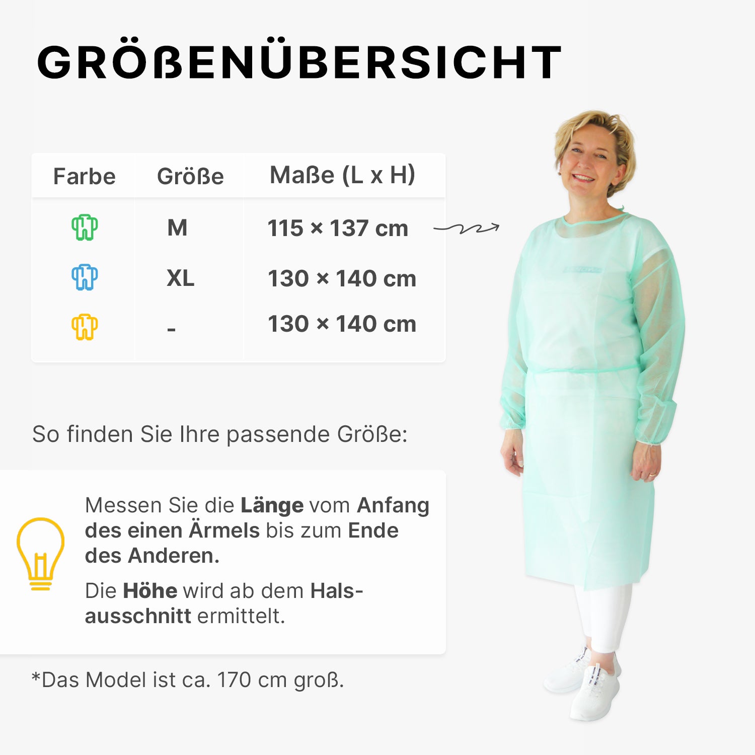 Eine Frau in einem hellgrünen ARNOMED PROTECT PP-SCHUTZKITTEL Einweg Schutzkittel aus PP-Vlies von ARNOWA GmbH steht neben einer Größentabelle mit Kittelfarben, den Größen M, XL, -, deren cm-Maßen und einer Anleitung zum Messen von Länge und Größe.