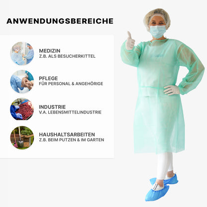 A person in an ARNOMED PROTECT PP-PROTECTIVE GOWN disposable gown made of PP nonwoven by ARNOWA GmbH stands with a raised thumb. Four circles and a German text show the areas of use: medical, care, industry, and household.