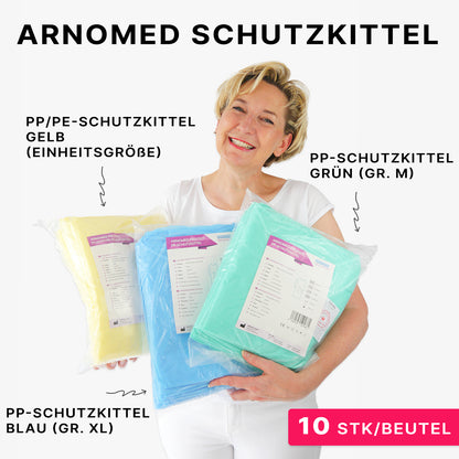 A smiling person holds three packaged ARNOMED PROTECT PP-PROTECTIVE GOWN disposable gowns made of PP nonwoven by ARNOWA GmbH - yellow (one size), blue (XL), and green (M); each package contains 10 pieces.
