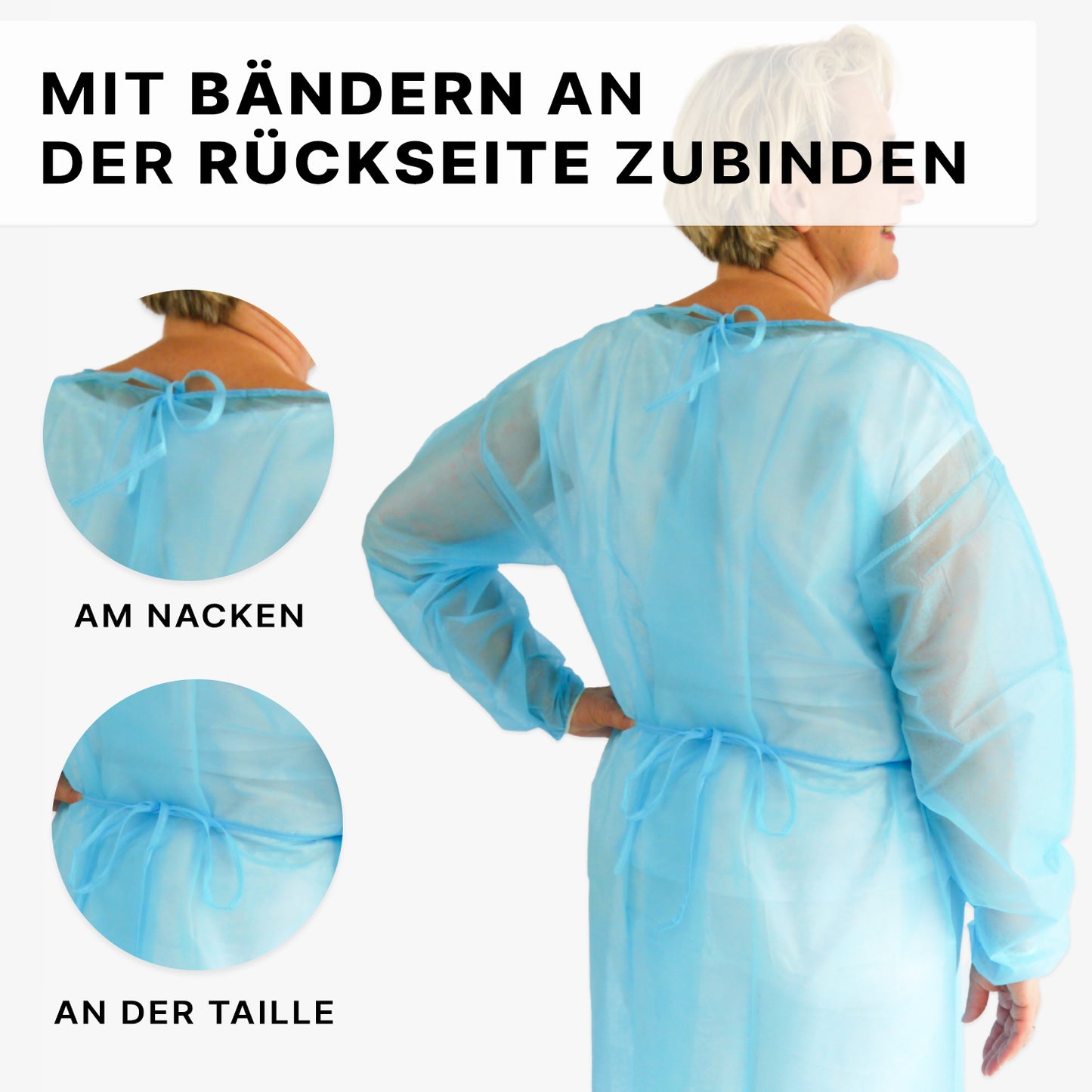 Shown is a person from the back view wearing an ARNOMED PROTECT PP-PROTECTIVE GOWN disposable gown made of PP nonwoven by ARNOWA GmbH, with close-ups of neck and waist ties and German instructions for tying the disposable gown.