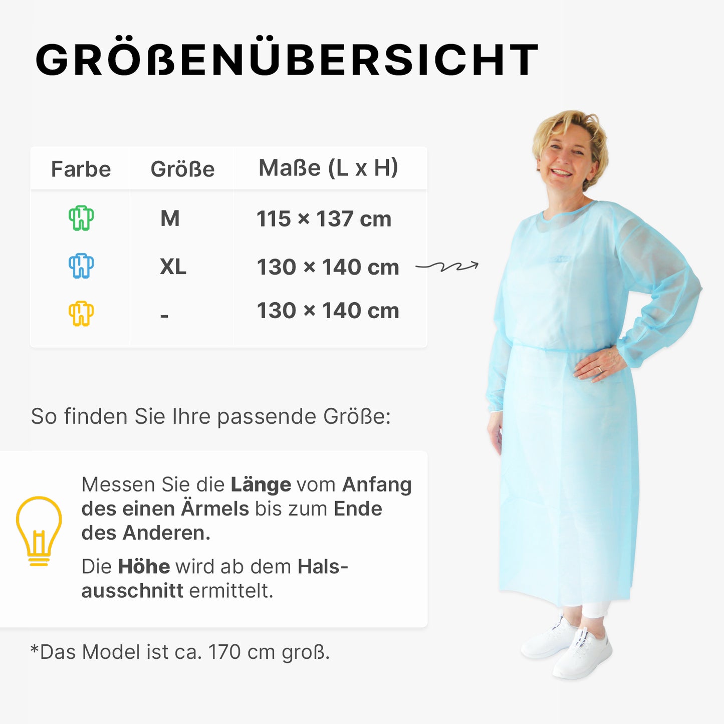 A size chart for ARNOMED PROTECT PP-PROTECTIVE GOWN by ARNOWA GmbH shows M and XL in blue/green. On the right is a woman (approximately 170 cm) depicted in a light blue disposable gown. Size information and details about the polypropylene nonwoven are found below the chart.