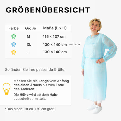 A size chart for ARNOMED PROTECT PP-PROTECTIVE GOWN by ARNOWA GmbH shows M and XL in blue/green. On the right is a woman (approximately 170 cm) depicted in a light blue disposable gown. Size information and details about the polypropylene nonwoven are found below the chart.
