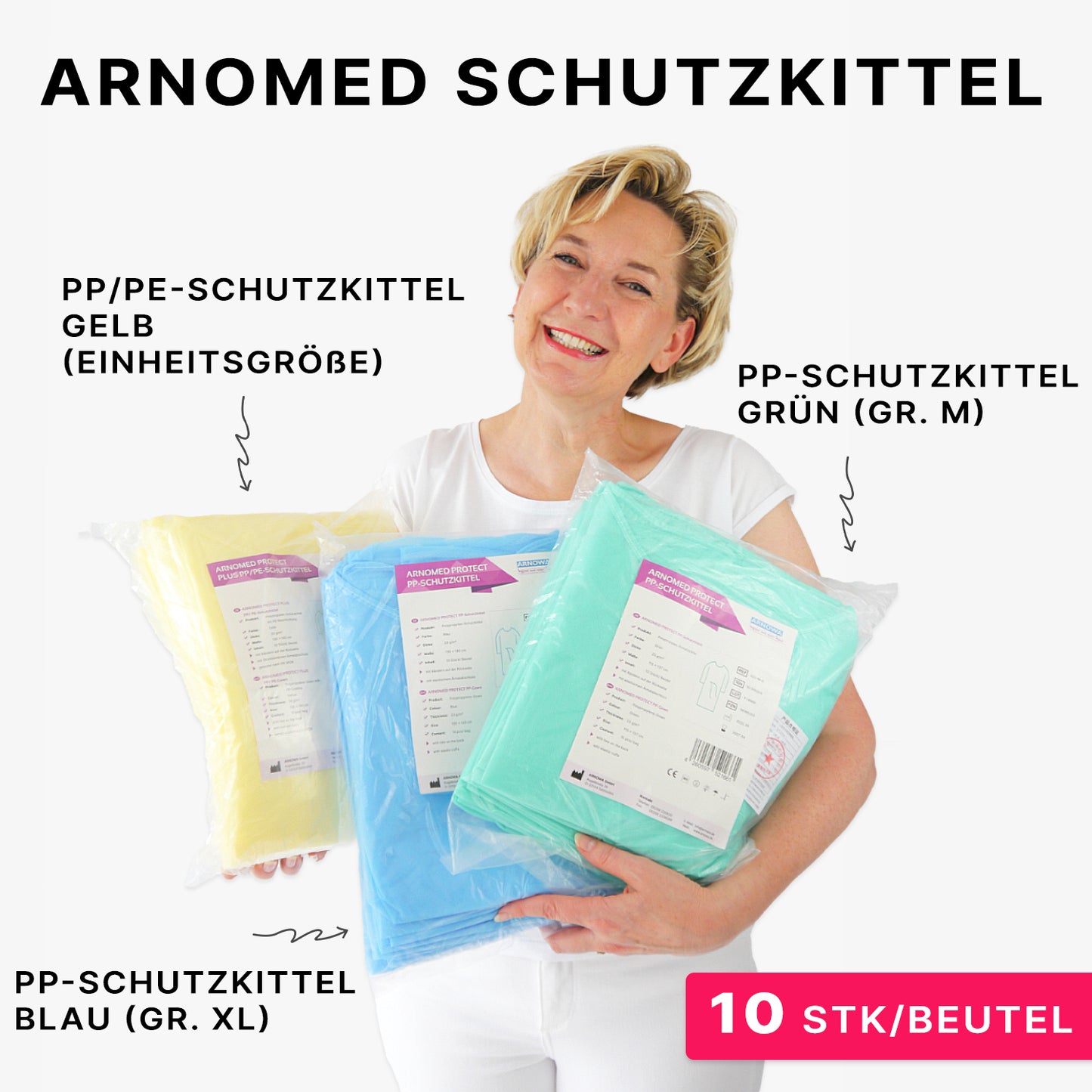 A woman smiles while holding three packaged ARNOMED PROTECT PP-PROTECTIVE GOWN by ARNOWA GmbH in yellow, blue, and green in her hand - disposable PP nonwoven gowns in various sizes, labeled with 10 pieces per package.