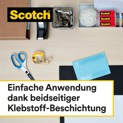 A desk with office supplies, including Scotch® double-sided tape 12.7 mm x 7.89 m with dispenser from 3M Deutschland GmbH, scissors, stapler, paper clips, rubber ball, sticky notes, and envelopes. Text: Easy application thanks to double-sided adhesive power.