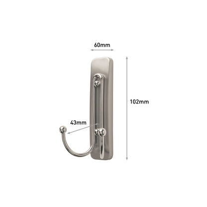 Vor weißem Hintergrund ist der große Command™ Doppelhaken in gebürstetem Nickel (3M Deutschland GmbH, 17036) abgebildet. Maße: 60 mm breit, 102 mm hoch, ragt 43 mm nach vorne. Im Set: 1 Haken, 1 Strip.