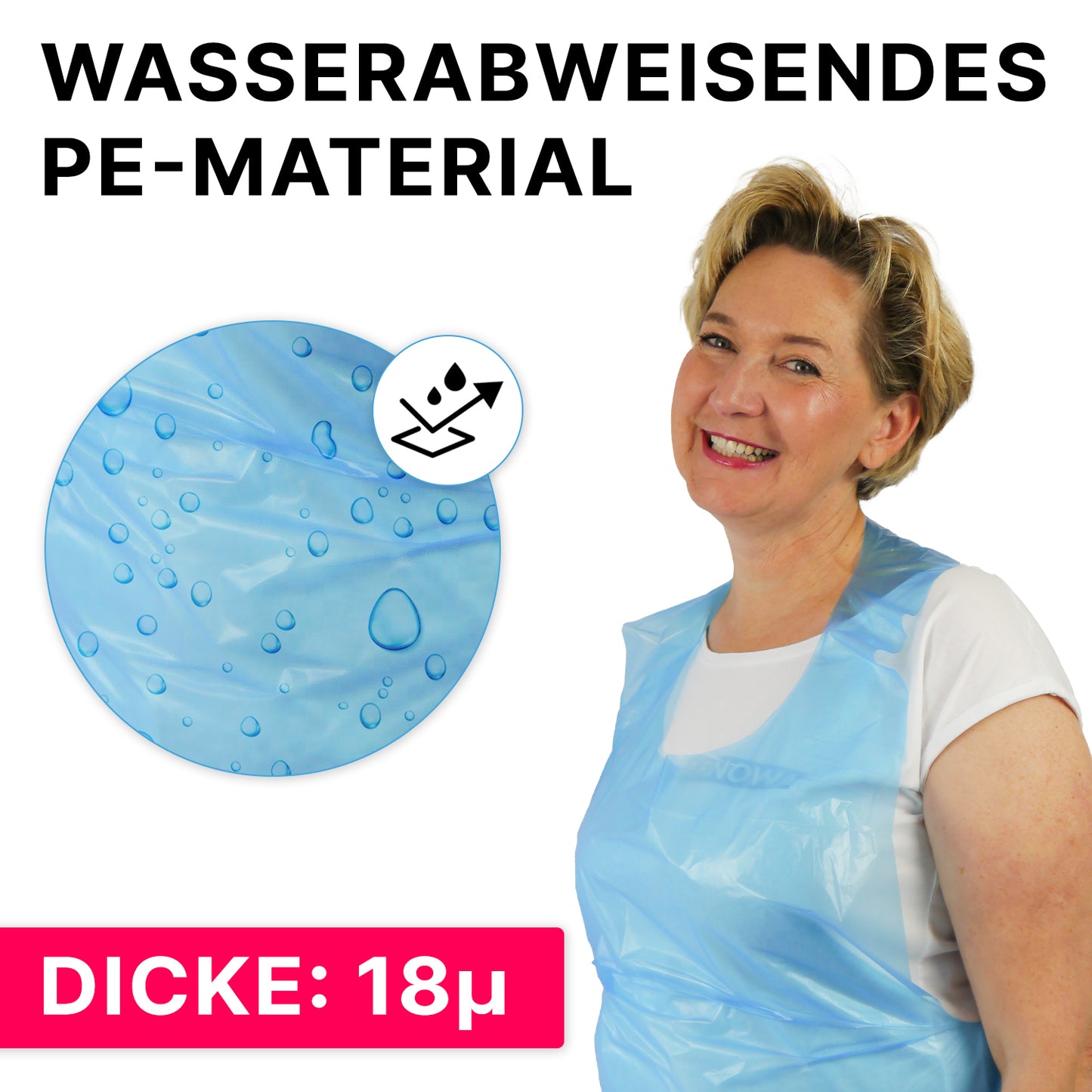 A woman wears the ARNOMED COVER PE-APRON (ARNOWA GmbH, 18µ), smiles, and shows in a close-up water-repellent droplets on the PE disposable apron. Text: "Water-repellent PE material" and "Thickness: 18µ."
