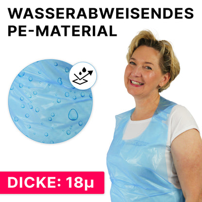 A woman wears the ARNOMED COVER PE-APRON (ARNOWA GmbH, 18µ), smiles, and shows in a close-up water-repellent droplets on the PE disposable apron. Text: "Water-repellent PE material" and "Thickness: 18µ."