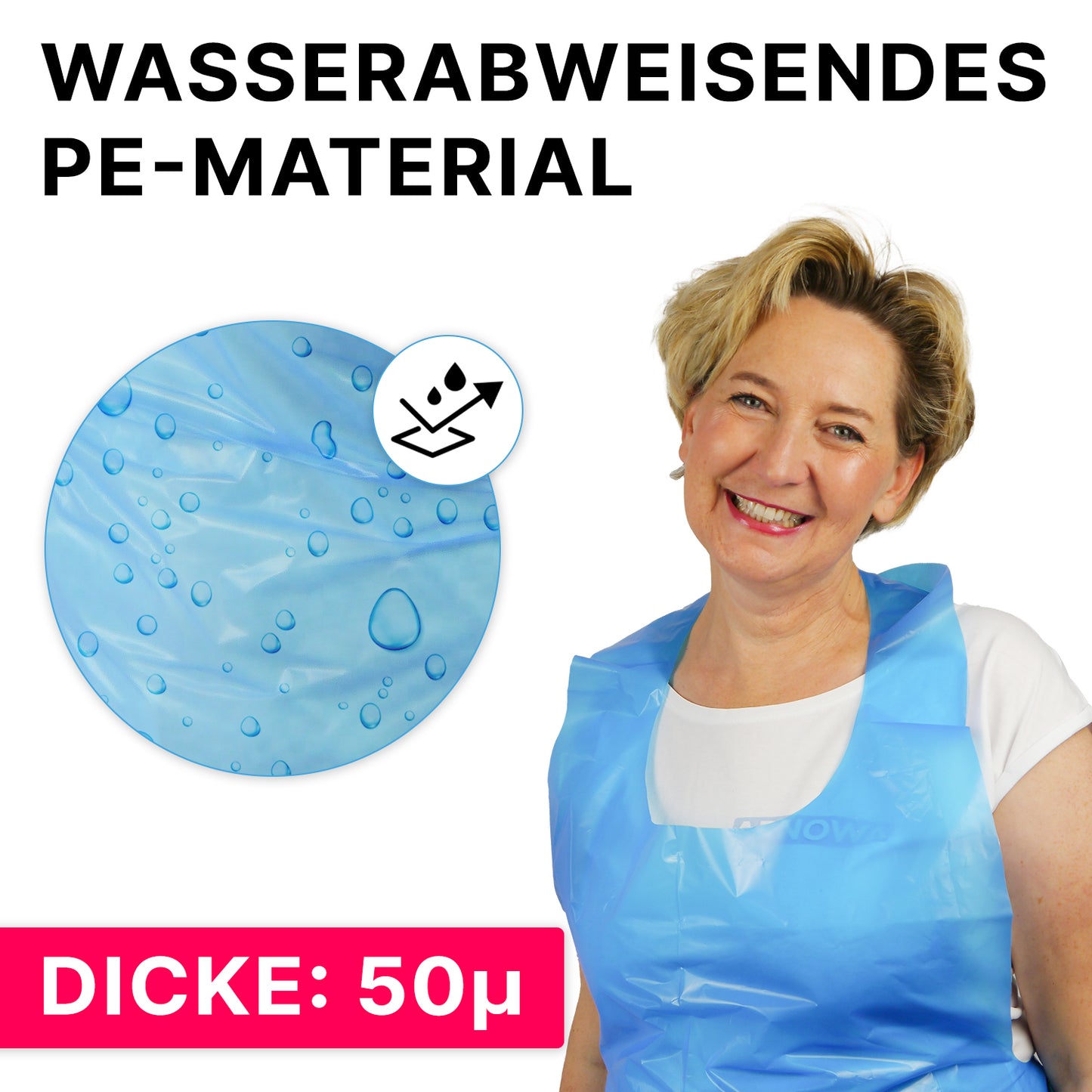 A smiling woman wears an ARNOMED COVER PE-APRON by ARNOWA GmbH. Next to her, a close-up shows water droplets on the PE surface of the apron. The German text reads "Water-repellent PE material" and "Thickness: 18µ."