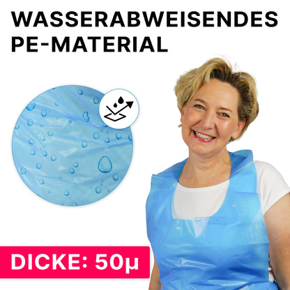 A smiling woman wears an ARNOMED COVER PE-APRON by ARNOWA GmbH. Next to her, a close-up shows water droplets on the PE surface of the apron. The German text reads "Water-repellent PE material" and "Thickness: 18µ."