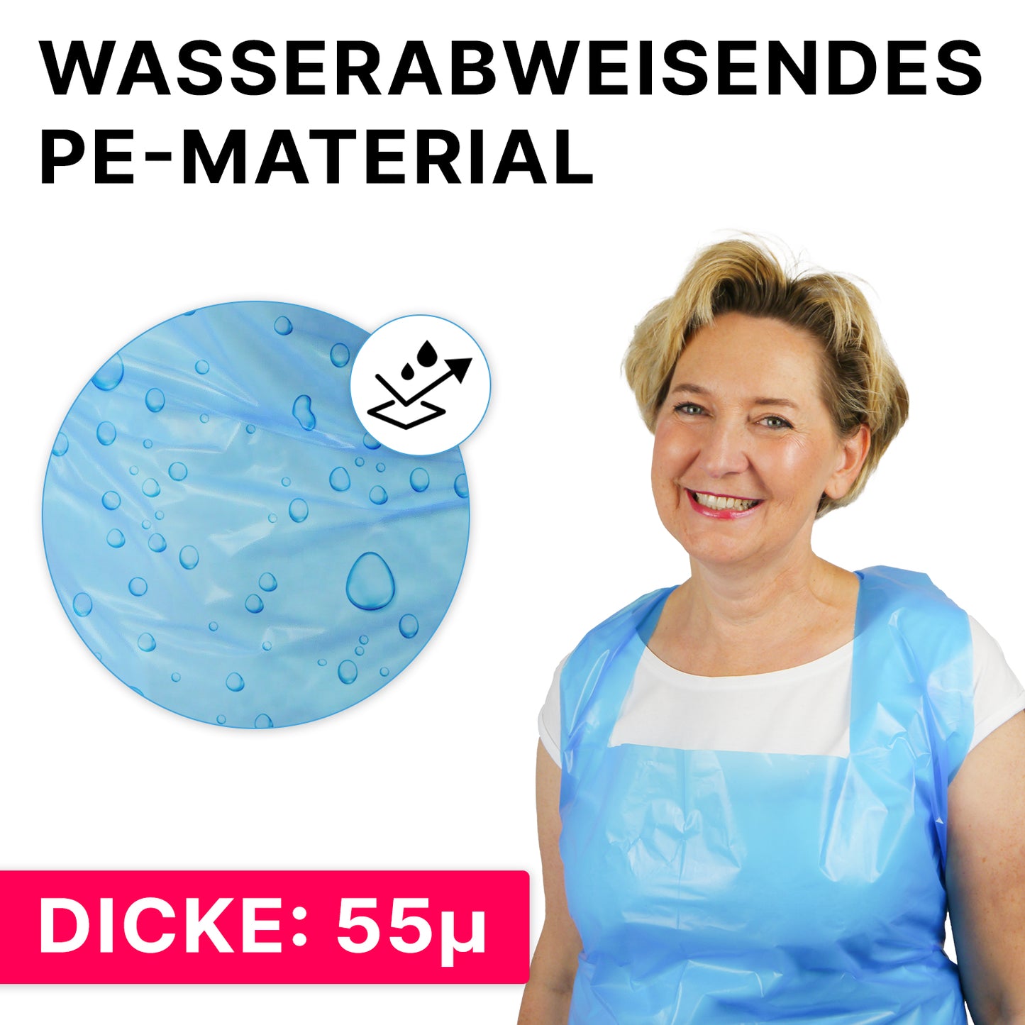 A woman wears an ARNOMED COVER PE-APRON disposable apron (18µ) by ARNOWA GmbH. Next to her is a close-up of blue plastic with water droplets and text: "WATER-REPELLENT PE MATERIAL" and "THICKNESS: 18µ."