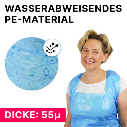 A woman wears an ARNOMED COVER PE-APRON disposable apron (18µ) by ARNOWA GmbH. Next to her is a close-up of blue plastic with water droplets and text: "WATER-REPELLENT PE MATERIAL" and "THICKNESS: 18µ."