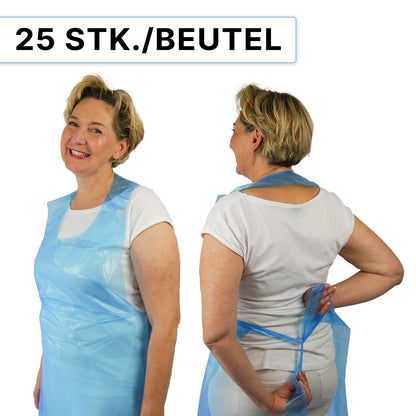 A woman models the ARNOMED COVER PE-APRON Blocked Disposable Aprons made of PE (18µ) by ARNOWA GmbH, shown front and back while tying. At the top of the image, it says "25 PCS./BAG."