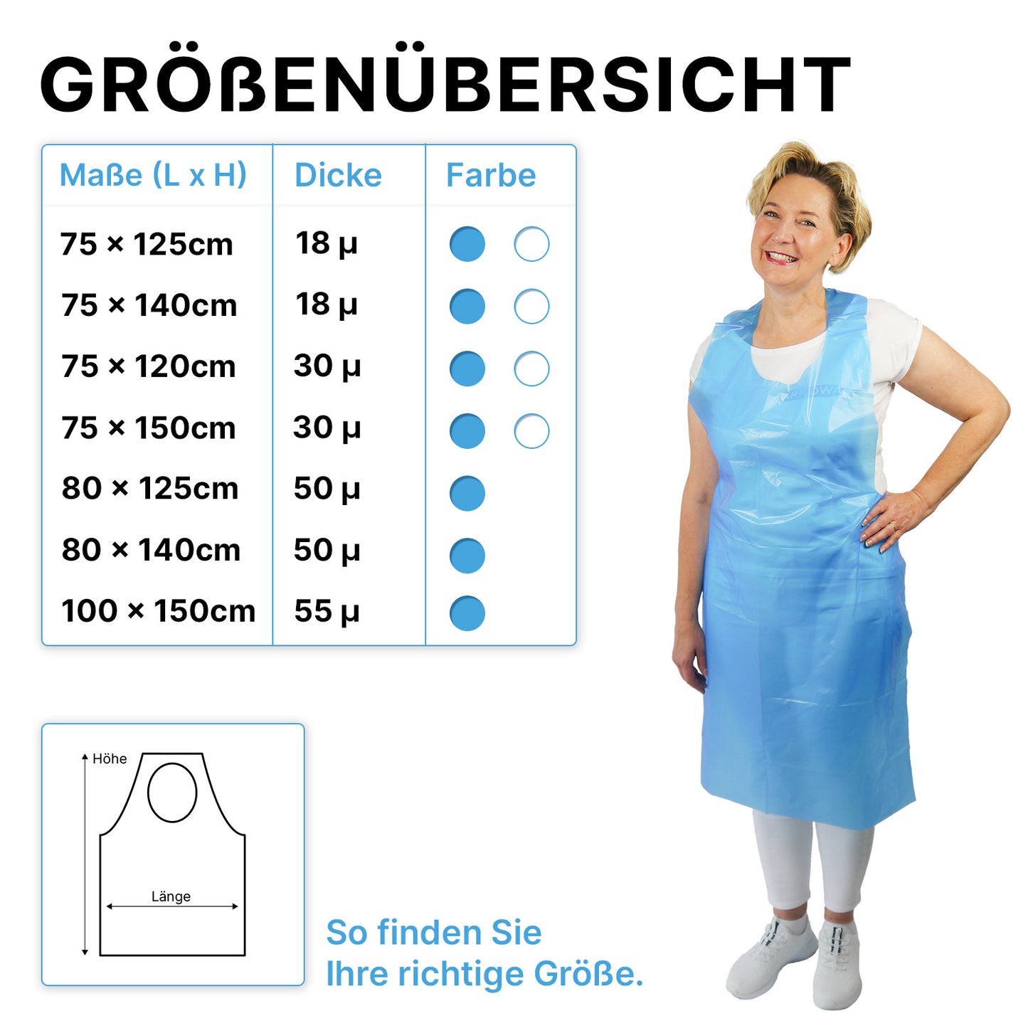 A woman wearing an ARNOMED COVER PE-APRON by ARNOWA GmbH stands next to a German size chart with apron lengths, 18µ thickness, and colors; a diagram below shows how to measure your polyethylene apron.