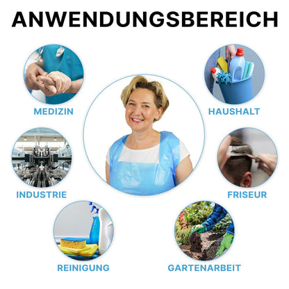 In the middle stands a woman with the ARNOMED COVER PE-APRON by ARNOWA GmbH, surrounded by six circles - medical, household, industrial, hairdressing, cleaning, gardening - highlighting the versatile 18µ disposable apron made of PE.