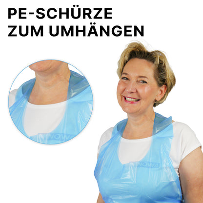 A woman is smiling while wearing the ARNOMED COVER PE-APRON (18µ, disposable aprons made of PE) by ARNOWA GmbH over a white shirt. A circular insert shows the apron around her neck and shoulders. The German text above reads: "PE apron to hang around the neck."