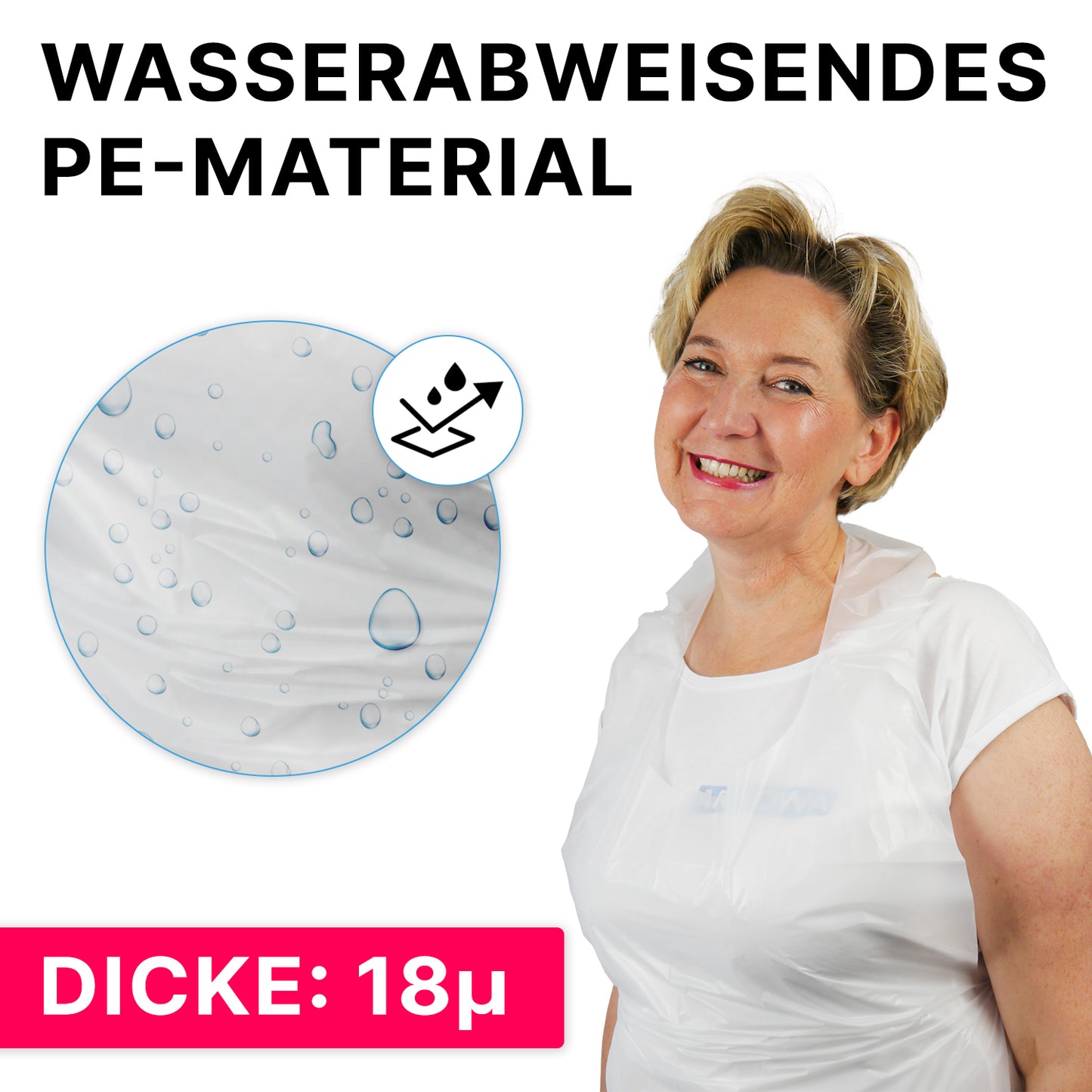 A woman wears an ARNOMED COVER PE-APRON by ARNOWA GmbH and smiles. "Water-repellent PE material" is visible in German. An insert shows water droplets on the apron, with a pink box: "Thickness: 18µ."