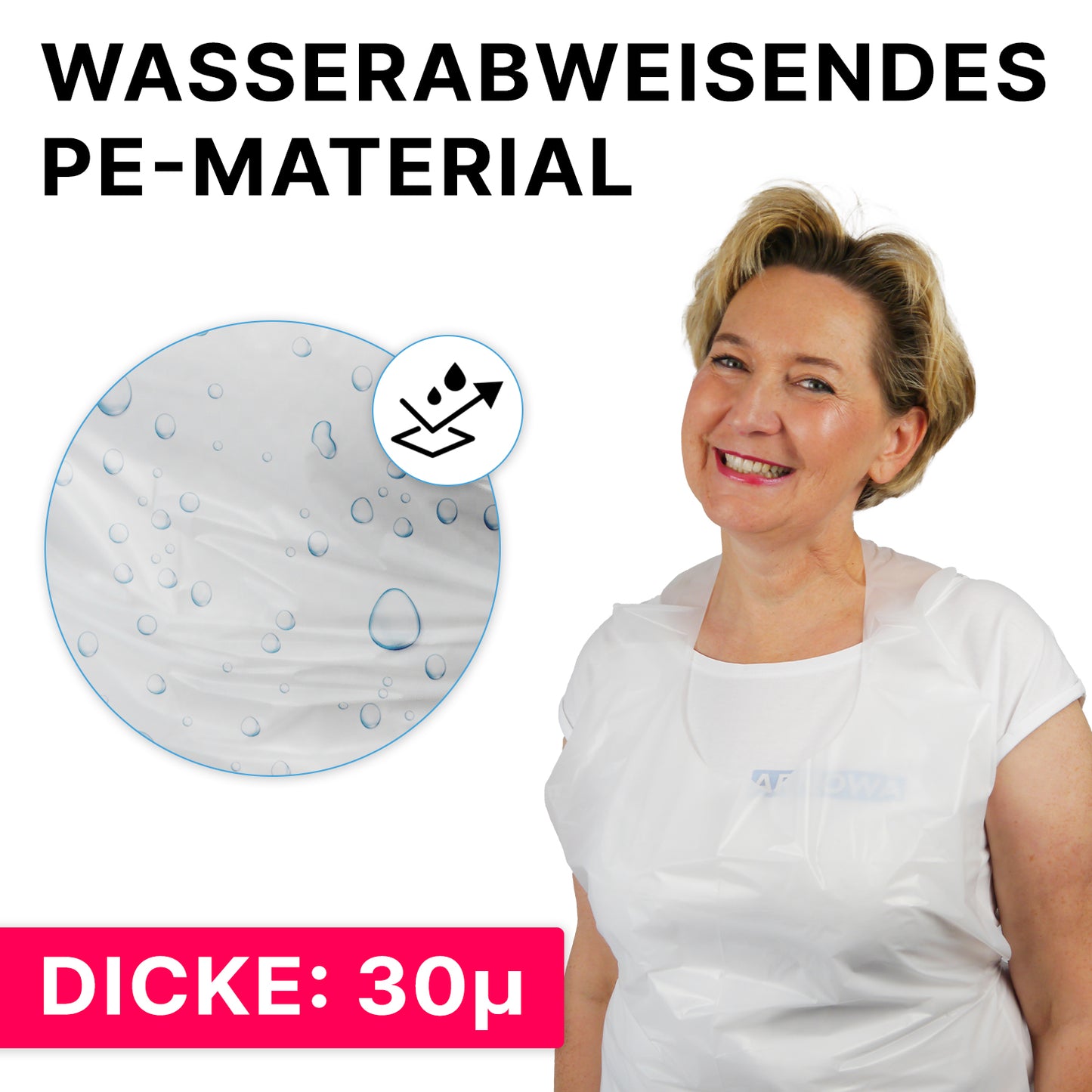 A smiling woman wears an ARNOMED COVER PE-APRON by ARNOWA GmbH. At the top, it says "Water-repellent PE material" with a close-up of water droplets; below, a pink banner highlights "Thickness: 18µ."
