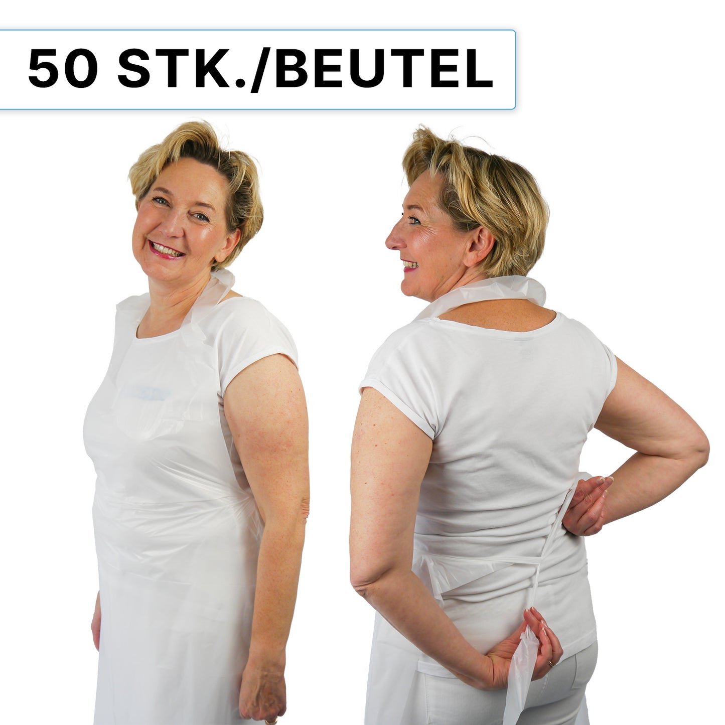 Two images show a smiling woman with short blonde hair wearing the disposable apron ARNOMED COVER PE-APRON (ARNOWA GmbH), front and back. At the top, "50 PCS./BAG" is printed in black letters on a white background.