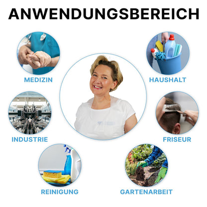 A woman in a white coat stands surrounded by six labeled circles illustrating the uses of the ARNOMED COVER PE-APRON disposable aprons by ARNOWA GmbH: MEDICINE, HOUSEHOLD, HAIRDRESSING, INDUSTRY, CLEANING, and GARDENING.