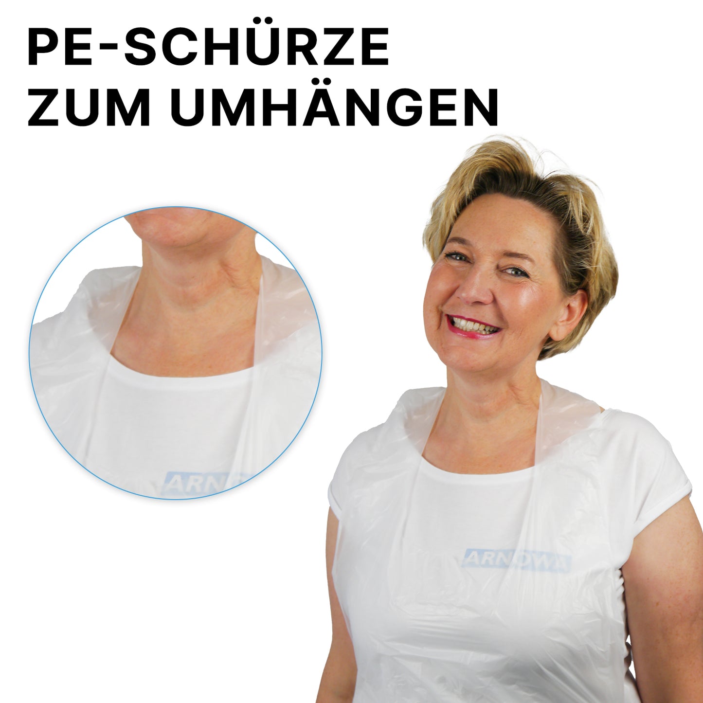 A woman wears an ARNOMED COVER PE-APRON disposable apron (ARNOWA GmbH) over a white shirt. A close-up shows the clear 18µ PE material and the German text: "PE apron to hang around the neck."