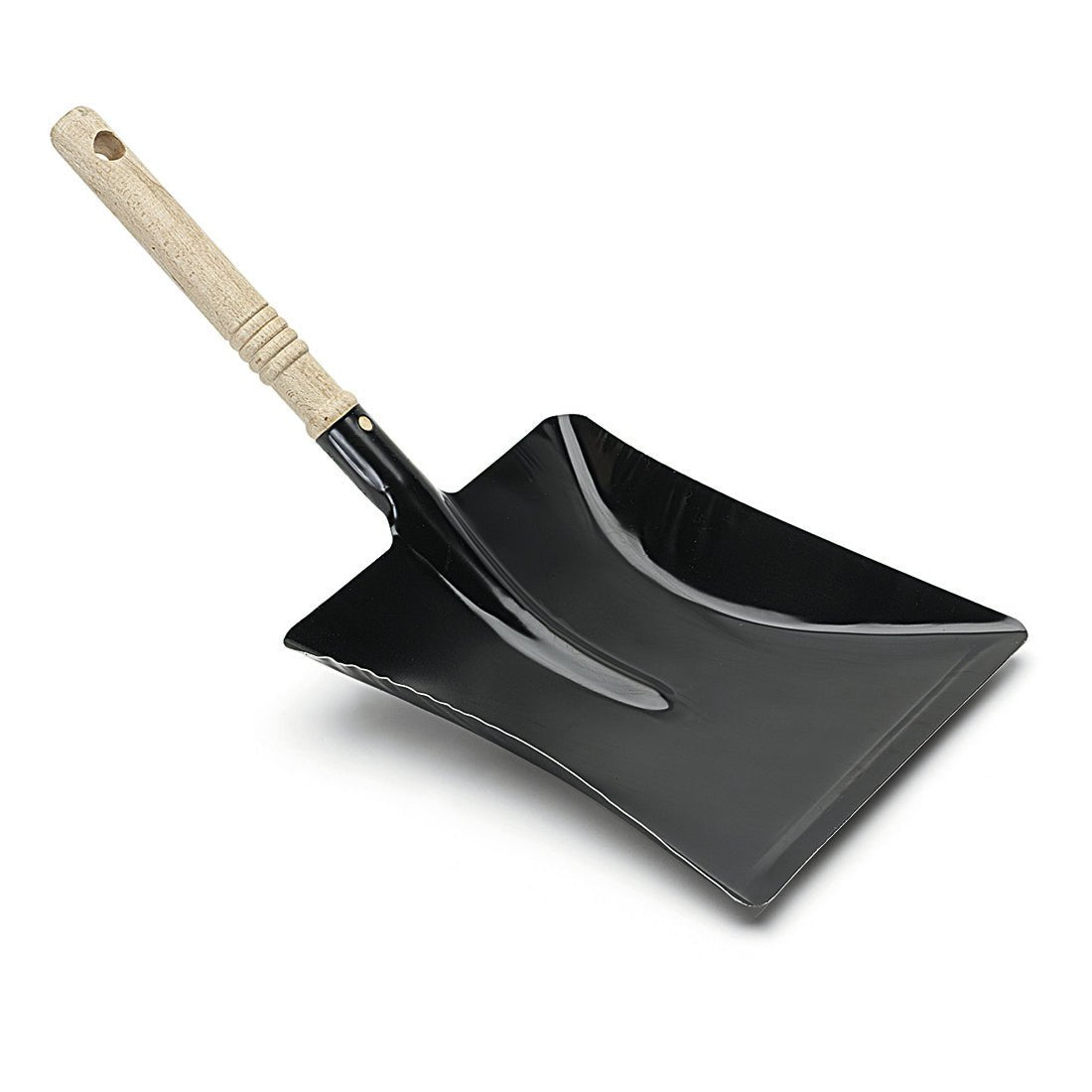 The Nölle Profi Brush lacquered metal dustpan with wooden handle from Nölle Profi Brush Bürsten- & Pinseltechnik e.K. is characterized by a black metal scoop and a light wooden handle on a white background.