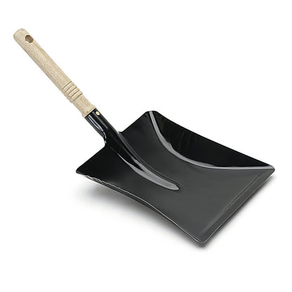 The Nölle Profi Brush lacquered metal dustpan with wooden handle from Nölle Profi Brush Bürsten- & Pinseltechnik e.K. is characterized by a black metal scoop and a light wooden handle on a white background.