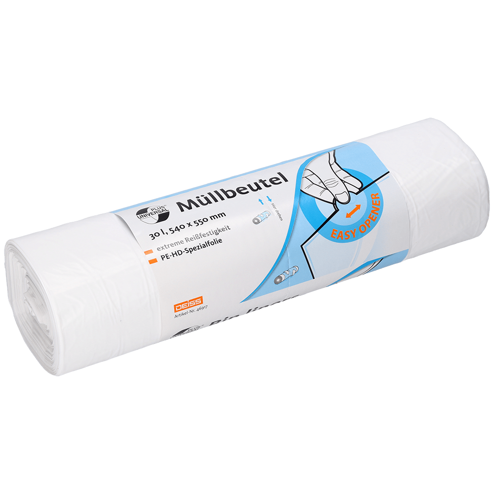 A roll of DEISS 46917 white garbage bags (540x550x0.015 mm, 100 pieces) from EMIL DEISS KG (GmbH + Co.) in plastic packaging with German info and a hand-pull illustration - ideal for practical waste disposal.