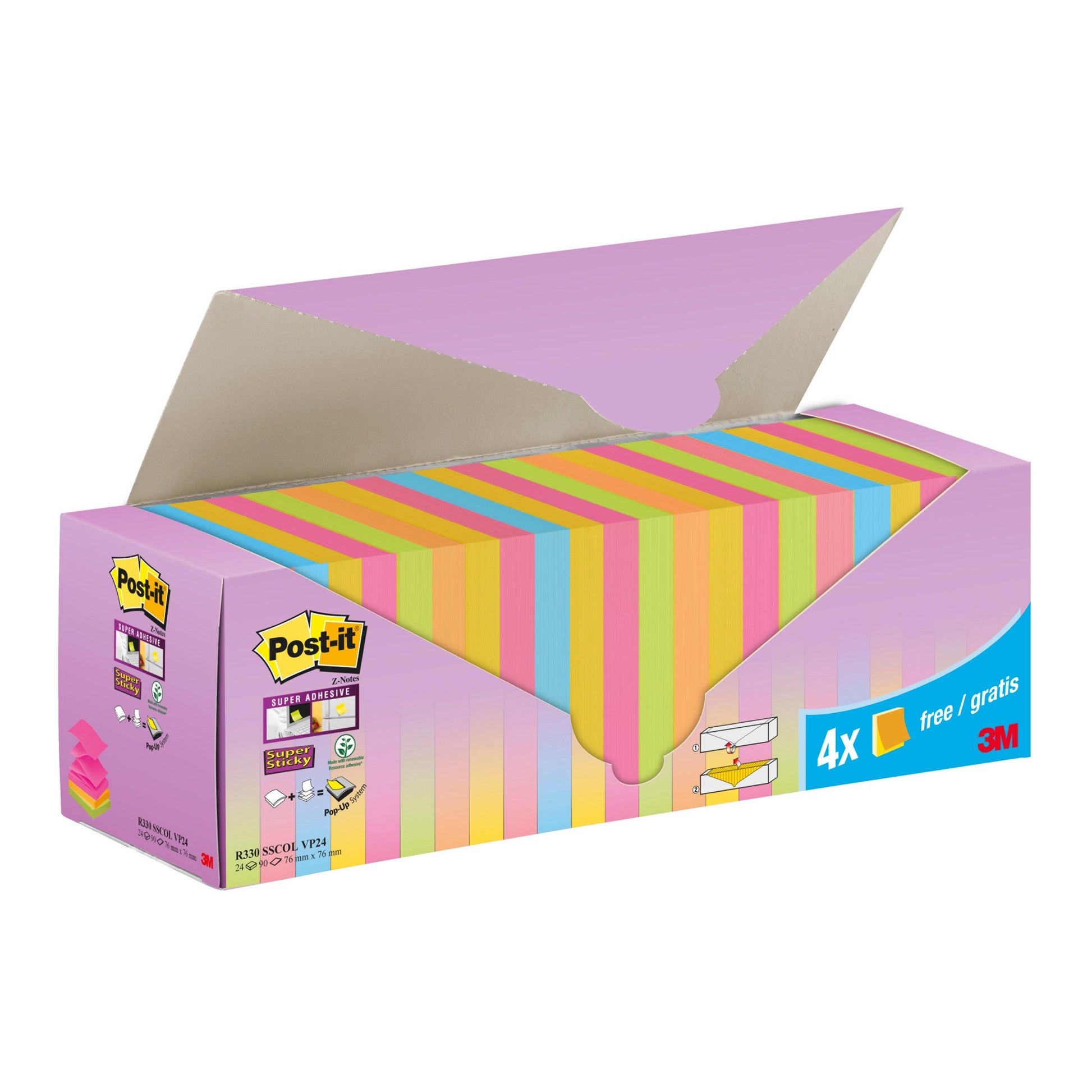 Eine teilweise geöffnete Schachtel Post-it® Super Sticky Z-Notes (3M Deutschland GmbH) in verschiedenen Farben zeigt 24 Blöcke (4 gratis), jeweils 76x76mm mit 90 Blatt, verpackt in einem Karton. 100% PEFC-zertifiziert.