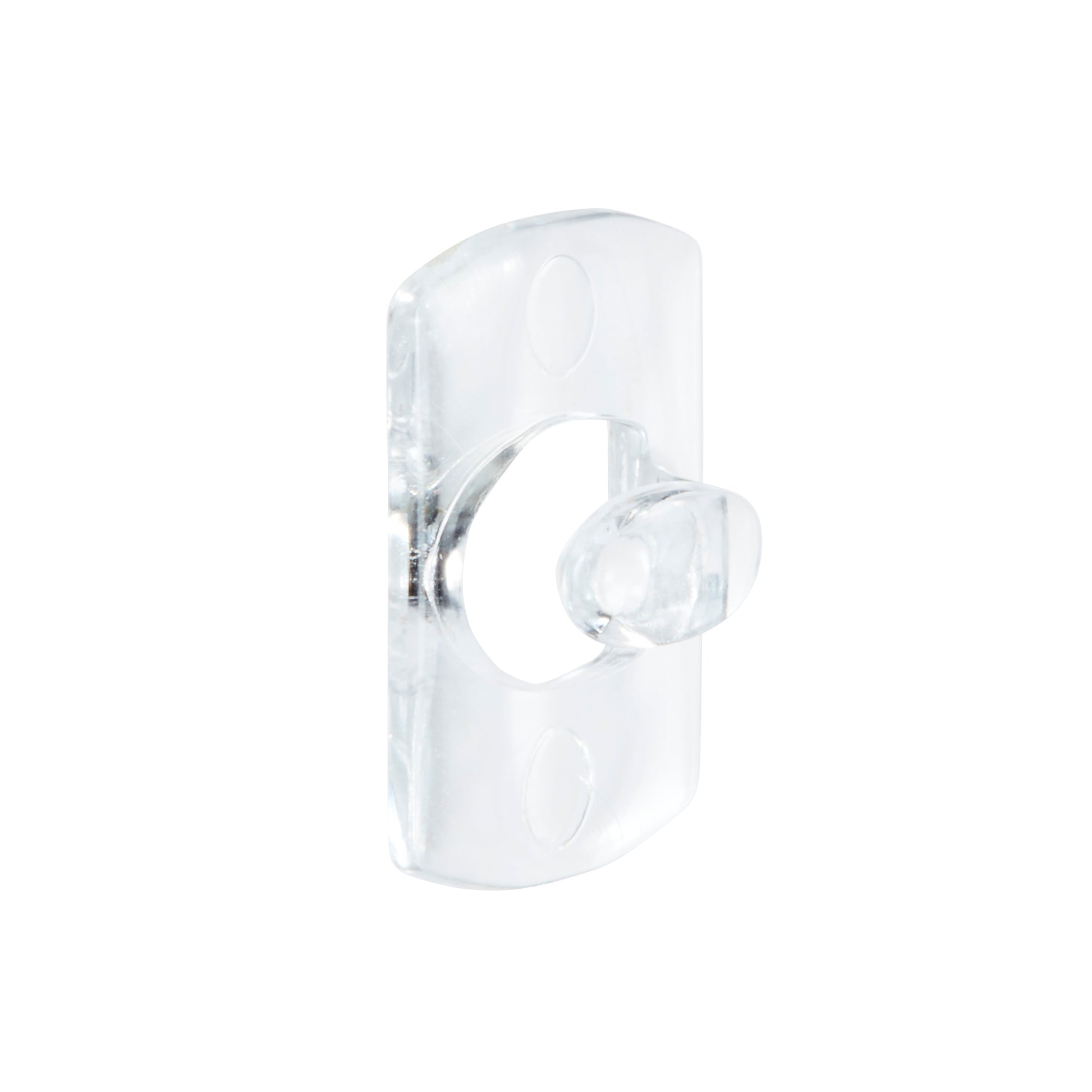 Ein transparenter Command™ Dekorations-Clip der 3M Deutschland GmbH, rechteckig mit einer abgerundeten Mittelöffnung und zwei Schraubenlöchern, ist auf weißem Hintergrund abgebildet.