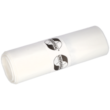 Eine Rolle EMIL DEISS KG (GmbH + Co.) DEISS Abfallsäcke 575x1000x0,018 mm aus HDPE 50 l, verpackt mit einer beschrifteten Papierbanderole. Diese stabilen weißen Müllsäcke sind ideal für den täglichen Gebrauch. Abgebildet auf einem unifarbenen, hellen Hintergrund.