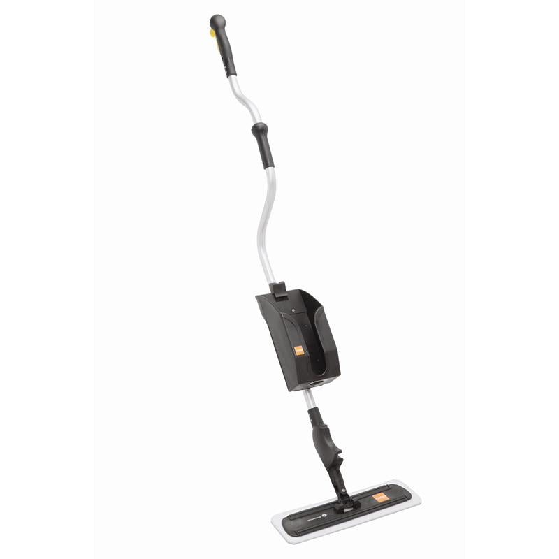 The TASKI ProSpeed device from Diversey Deutschland GmbH & Co. OHG, a black and silver mop for quick and easy application of coatings, with ergonomic design and flat, rectangular head, stands upright against a white background.