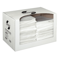 A white box from EMIL DEISS KG (GmbH + Co.) contains 200 transparent DEISS 49892 bed covers (3200x950x0.01 mm). A large window and a label indicate the contents—ideal for hygiene protection in hospitals.