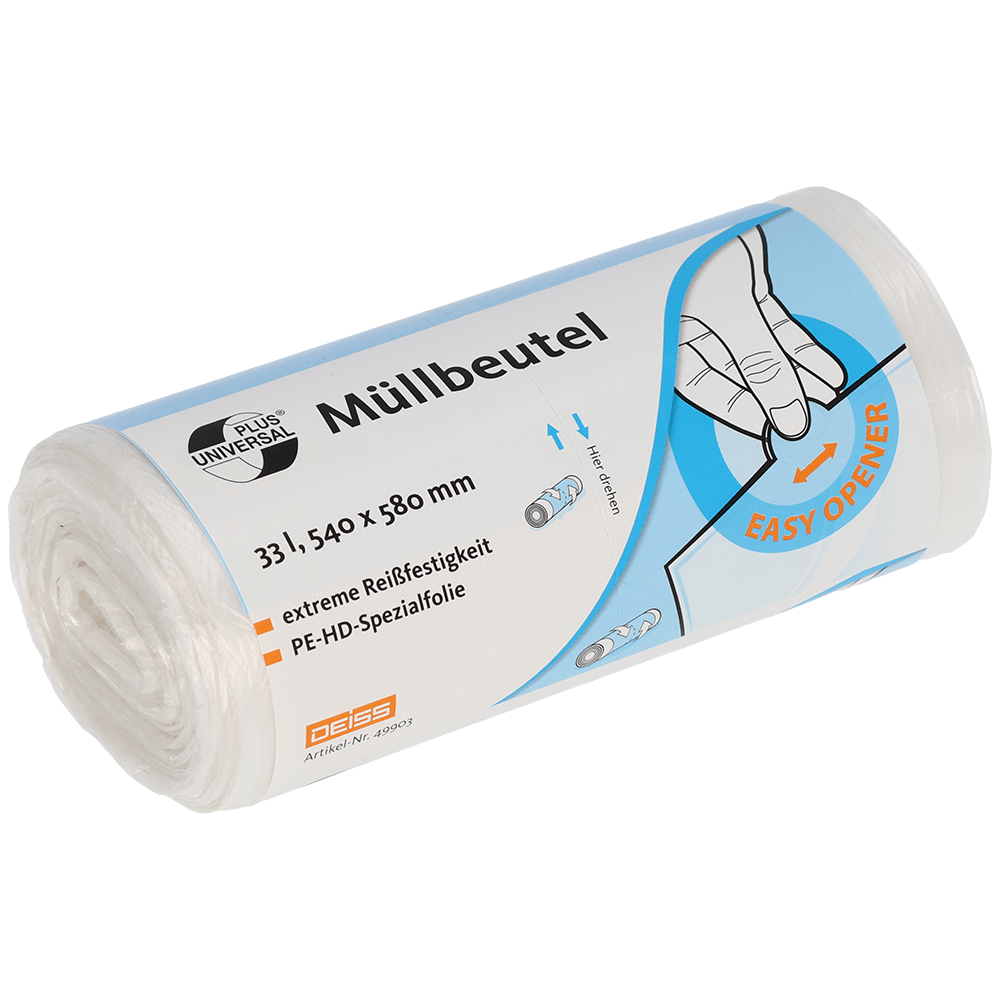 A transparent roll of EMIL DEISS KG (GmbH + Co.) DEISS 49903 garbage bags (540x580 mm, 100 pieces) with a blue-orange label shows a hand operating the Easy Opener; the label refers to a capacity of 33L and high tear resistance for practical use.
