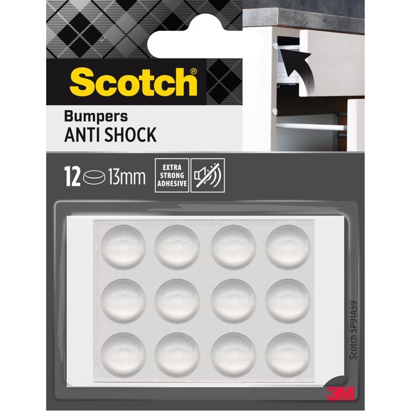 A pack of Scotch® shock-absorbing elastic bumpers, self-adhesive, transparent from 3M Germany GmbH, with twelve 13 mm large, clear adhesive bumpers in a branded blister pack with an illustration for use on furniture.