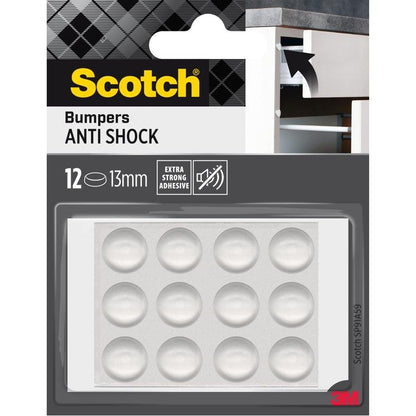 A pack of Scotch® shock-absorbing elastic bumpers, self-adhesive, transparent from 3M Germany GmbH, with twelve 13 mm large, clear adhesive bumpers in a branded blister pack with an illustration for use on furniture.