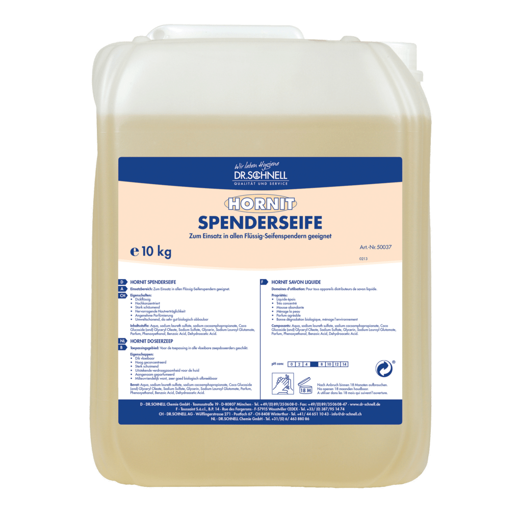 A 10-liter canister made of translucent plastic from DR.SCHNELL GmbH & Co. KGaA, containing HORNIT Hand Wash Lotion with a blue-and-white label and a carrying handle, gently cleanses the skin and provides a subtle fragrance for everyday use.