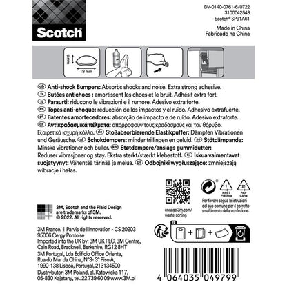 The packaging for Scotch® shock-absorbing elastic bumpers from 3M Germany GmbH contains usage instructions and multilingual texts about the extra strong, self-adhesive, transparent bumpers that absorb shocks and reduce noise. Includes safety and barcode information.