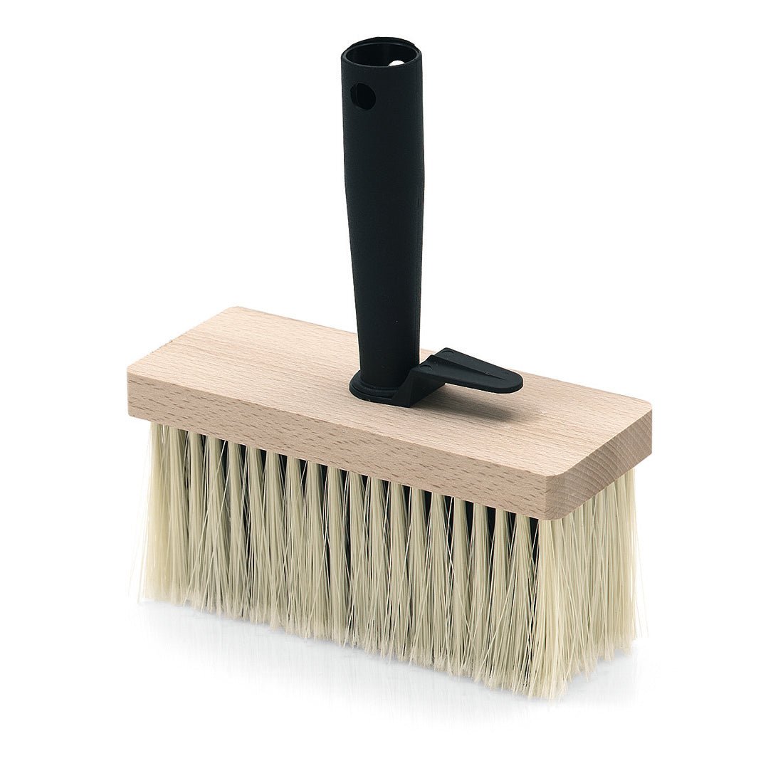 The Nölle Profi Brush Ceiling Brush Synthetic (17x7 cm, 70 mm bristle length) from Nölle Profi Brush Bürsten- & Pinseltechnik e.K. has a wooden base, long synthetic bristles, and a black plastic handle - ideal for precise painting work.