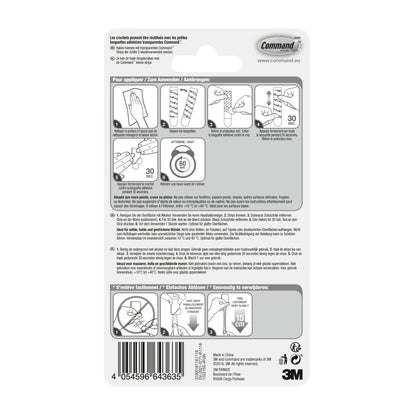 Auf der Rückseite des Command™ Edelstahl-Metallhakens Größe S, 17031SS-4ES (4 Haken, 5 Strips) der 3M Deutschland GmbH befinden sich eine mehrsprachige Anleitung mit Diagrammen, Barcode, Sicherheitshinweisen, Tipps zur Wandorganisation und das 3M Logo.