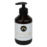 Eine dunkelbraune 250 ml Kunststoff-Pumpflasche der Dr. Schnell ISARGOLD Handseife, Münchner Qualität, von DR.SCHNELL GmbH & Co. KGaA, mit weißem Etikett und schwarz-goldenem Logo, ideal für persönliche Hygiene und empfindliche Haut.