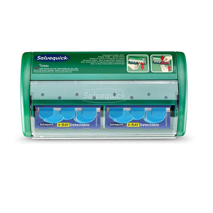 The Salvequick X-ray-detectable bandage dispenser from Orkla Wound Care AB can be mounted on the wall, contains 2x30 blue, X-ray-detectable bandage refills, features transparent panels to show the contents, and has instructions for use on the top.