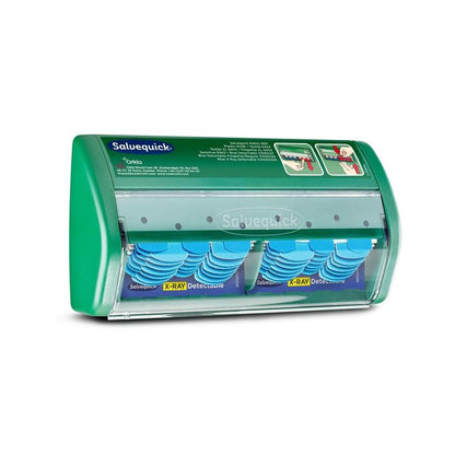 A green Salvequick X-ray-detectable bandage dispenser from Orkla Wound Care AB, containing 2x30 plaster refills, is shown on a white background, with the instructions for use printed in the upper right corner of the dispenser.